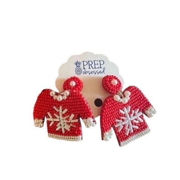 Jewelry - Prep Obsessed Christmas ugly sweater Earrings - Holiday Red & White Beaded